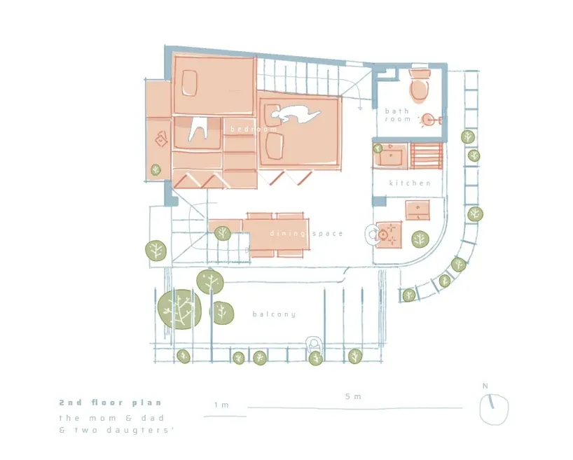 Floor plan of a modern residential space showing rooms, balconies, and landscaping.