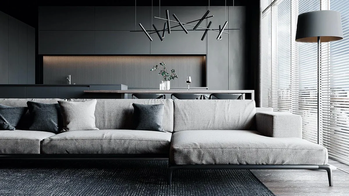 Modern living room with a gray couch, black coffee table, and minimalist decor.