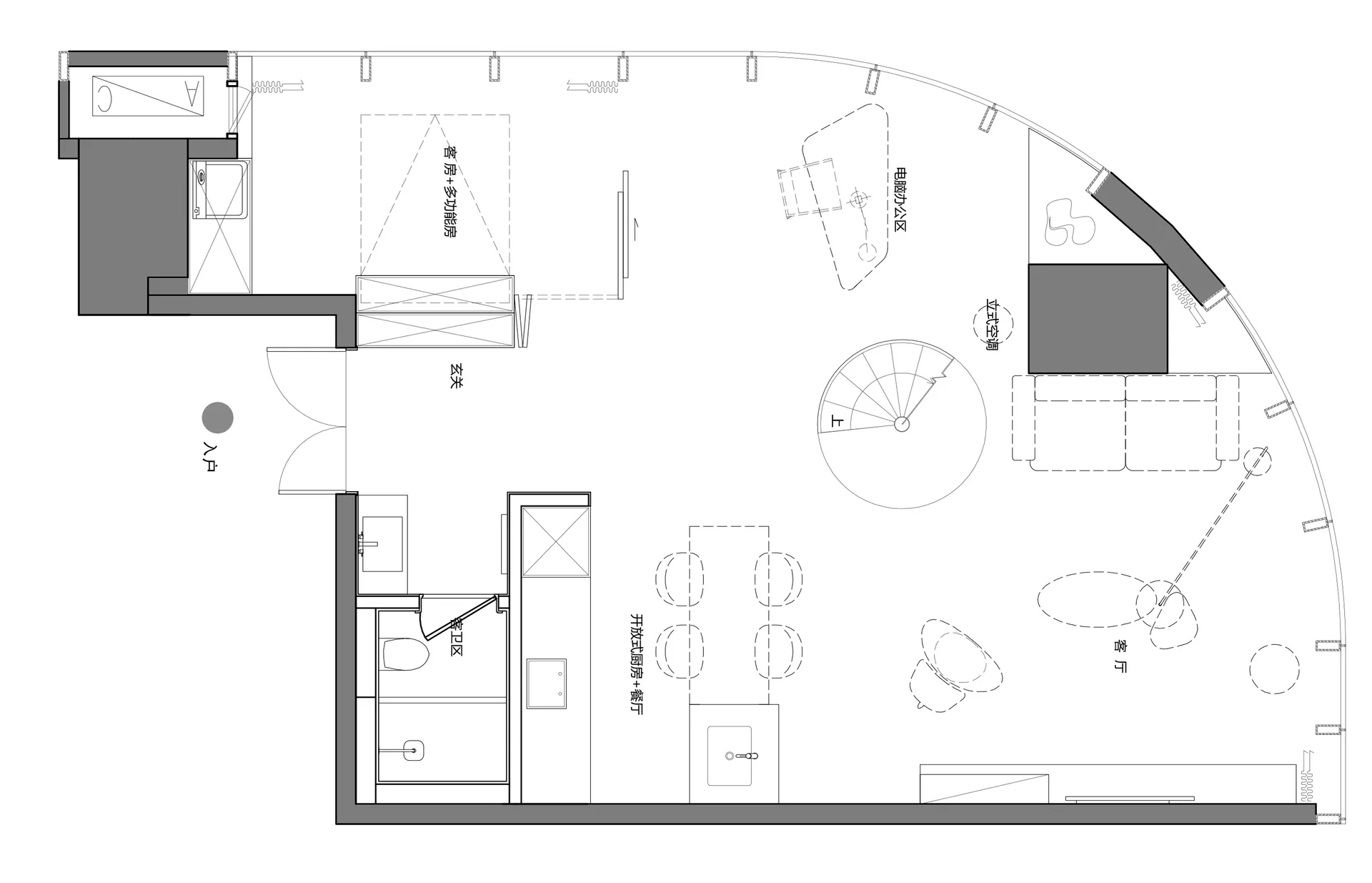 Modern living room with neutral materials and a minimalistic floor plan
