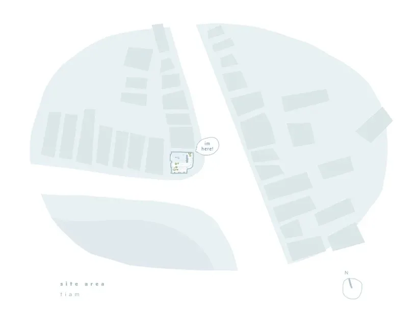 A schematic floor plan layout of a site area showing various buildings and their arrangement.