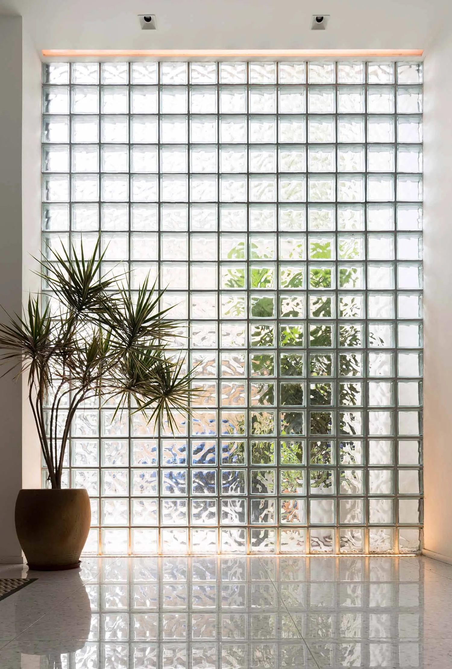 A contemporary lobby with a modern glass wall design.