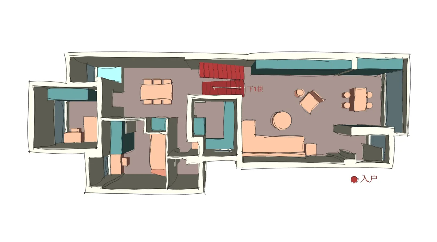A modern floor plan depicting a multi-functional living space with a kitchen, living room, and bedroom.