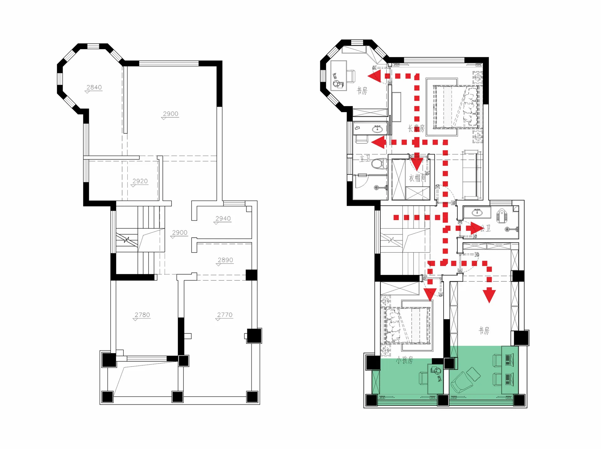 Detailed architectural blueprint of a modern floor plan, showing interior layout and dimensions.