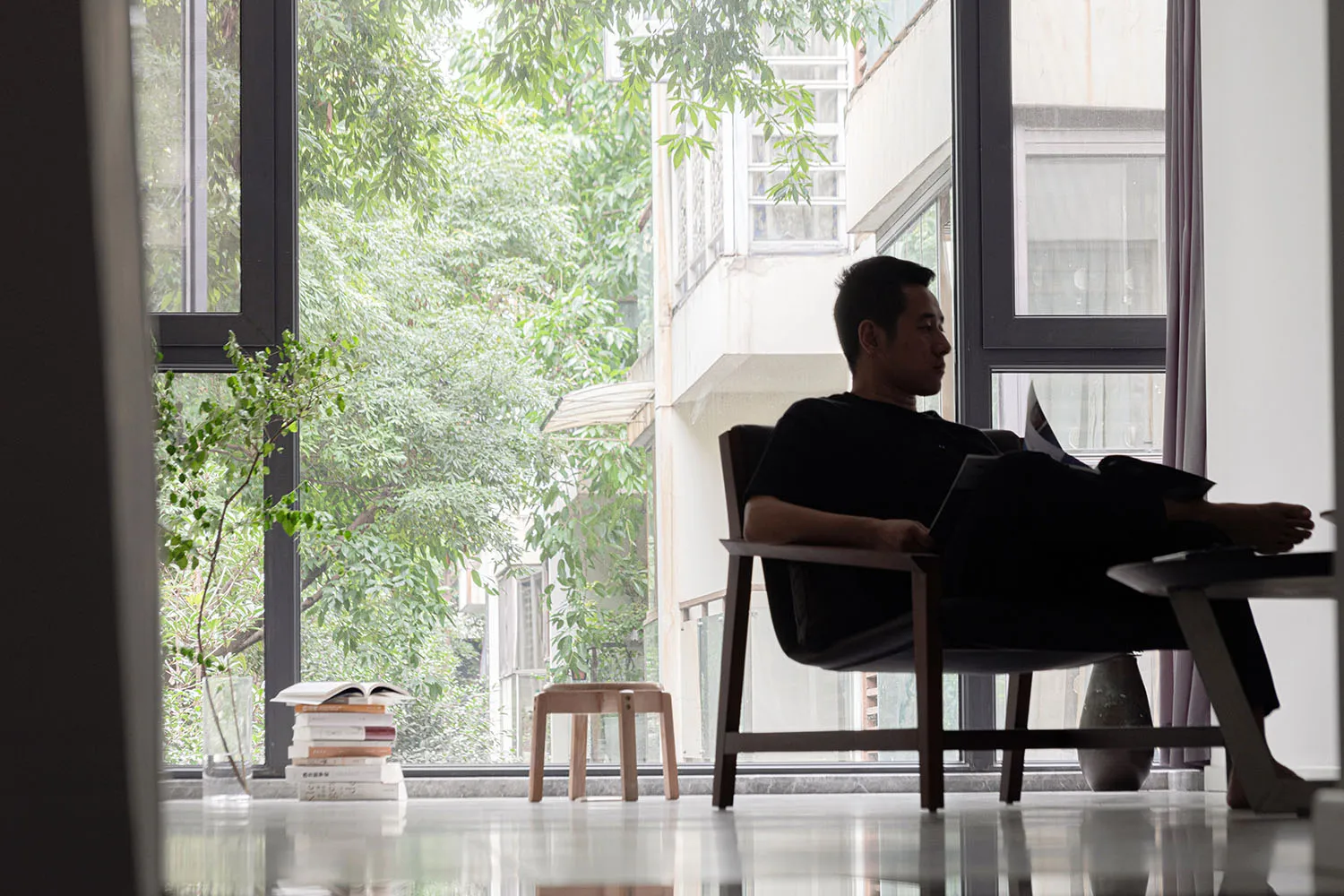 A modern minimalist living space with a sleek, contemporary design.
