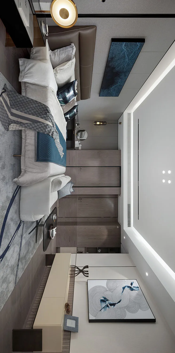 Minimalist bedroom with white walls, blue accents, and a view of a white and blue painting.