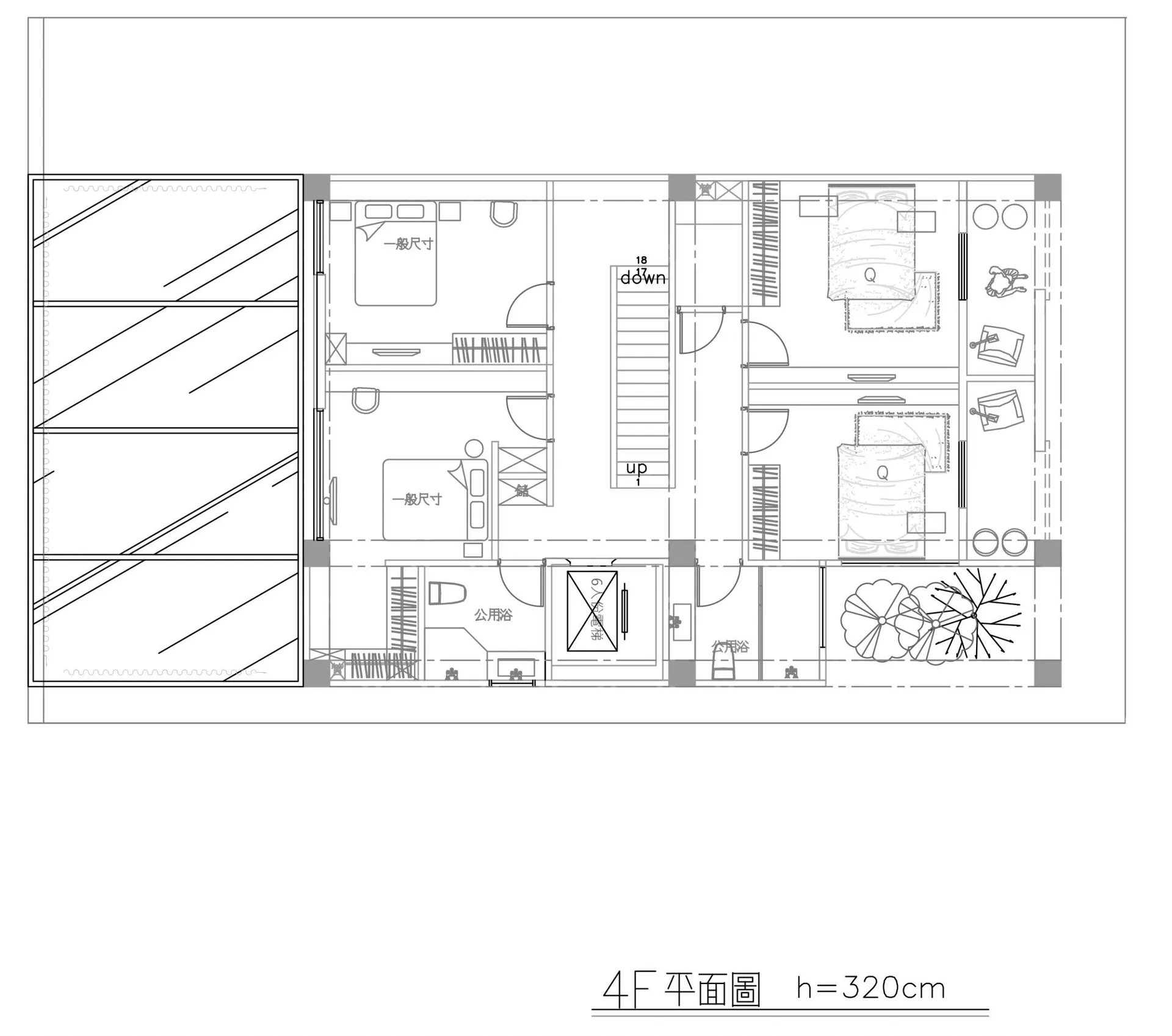 A detailed 2D technical drawing of a residential building's fourth-floor layout, showing rooms, doors, and windows.