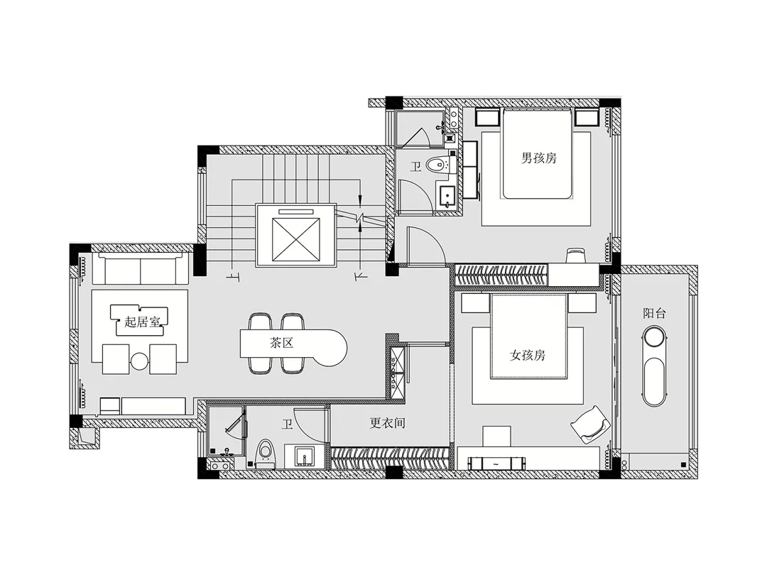 Floor Plan of a minimalist residential home with white walls and wood-patterned flooring and fixtures.