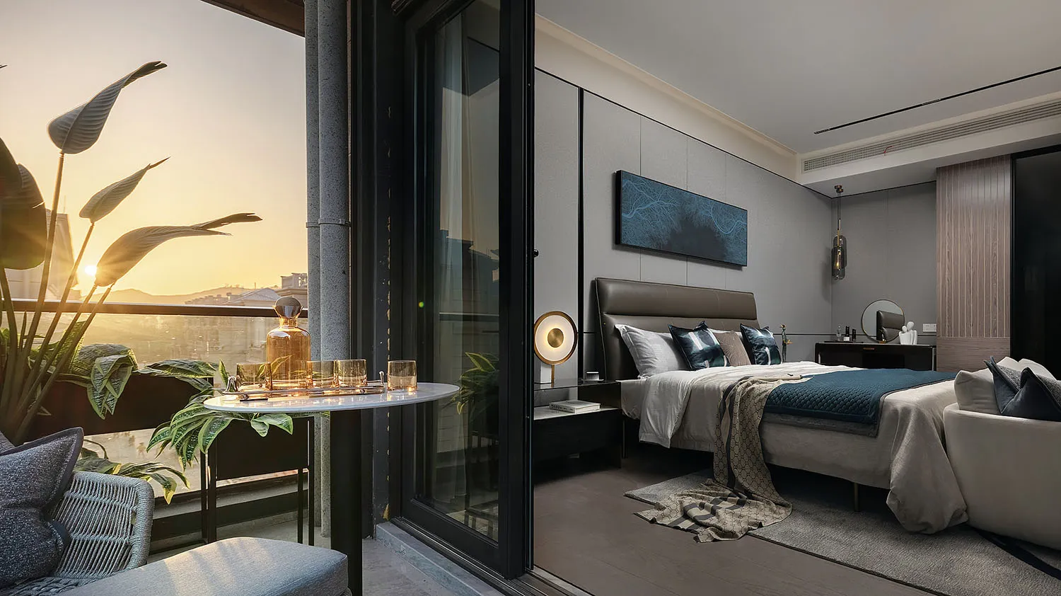 A modern bedroom with a balcony featuring a tropical plant.