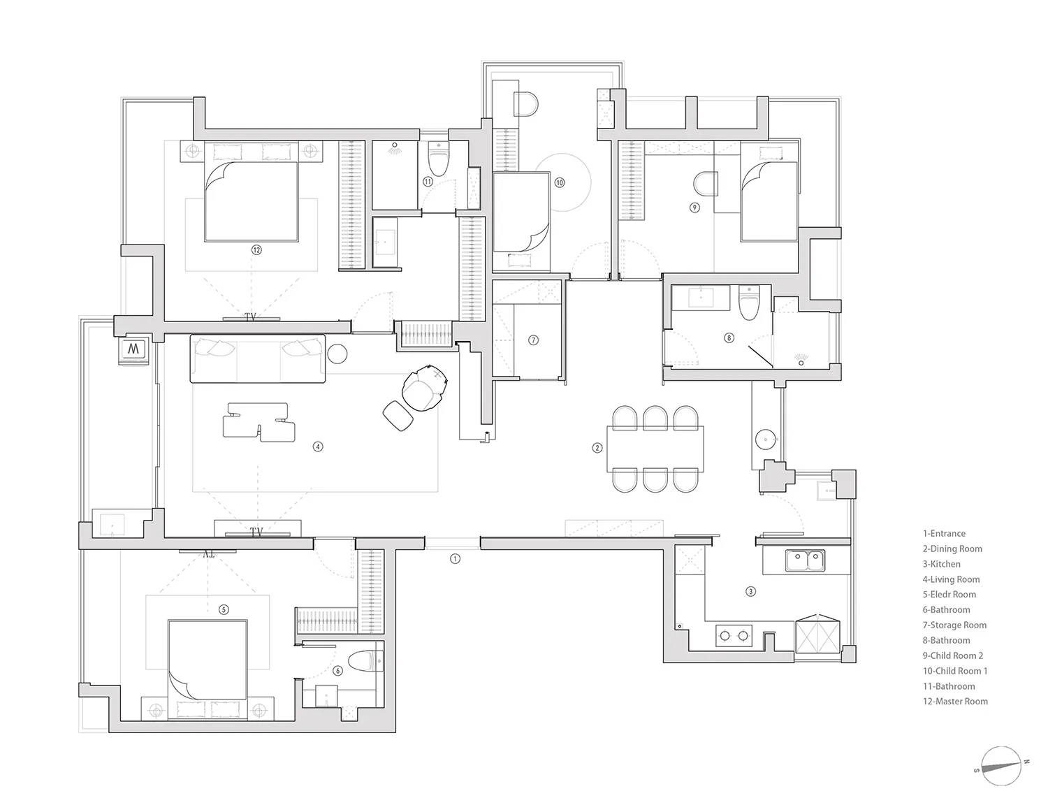 A detailed 2D architectural drawing of a modern apartment layout, showing rooms such as entrance, dining room, kitchen, livin