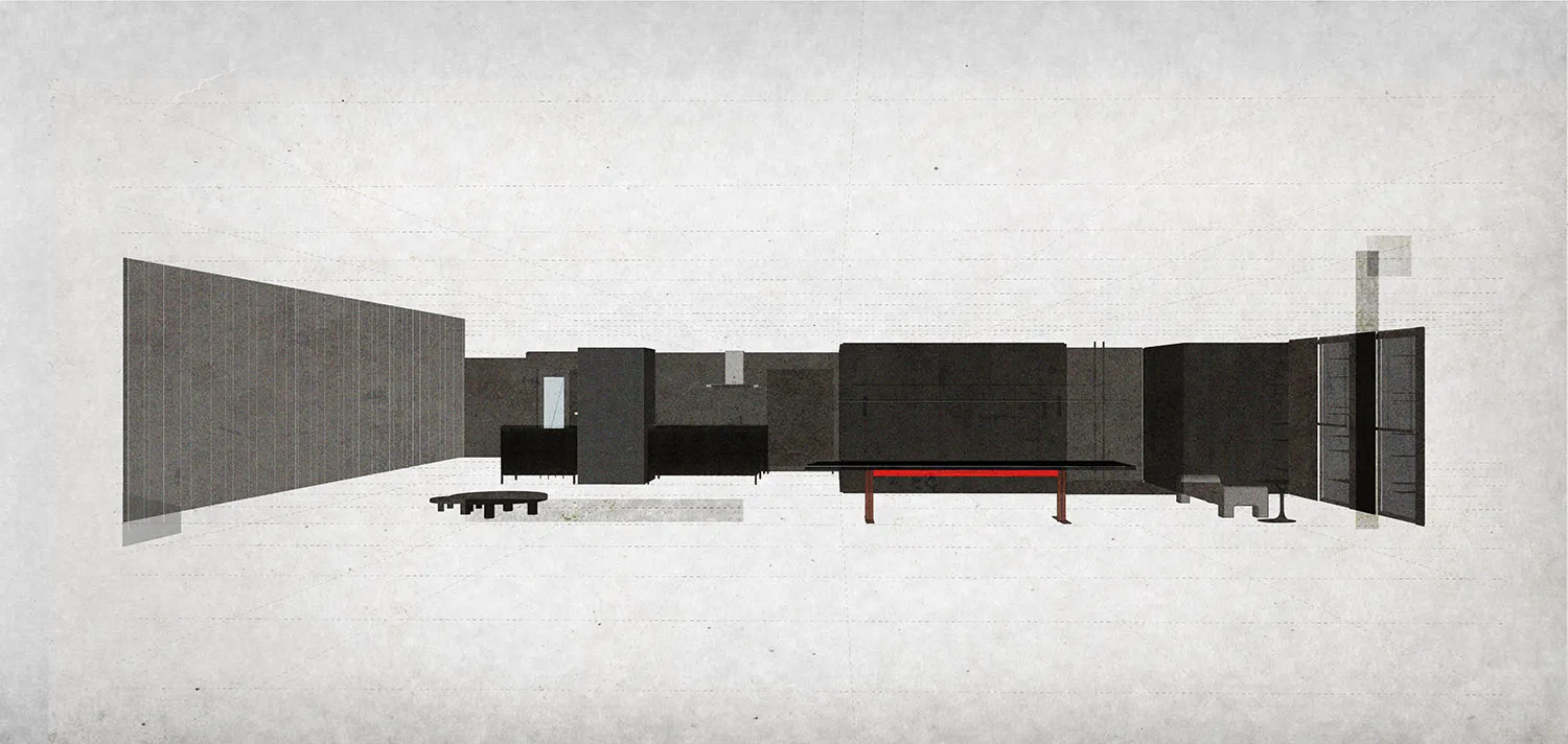A 2D architectural drawing of a modern office space with a minimalist design, featuring concrete walls and a clear plan layou
