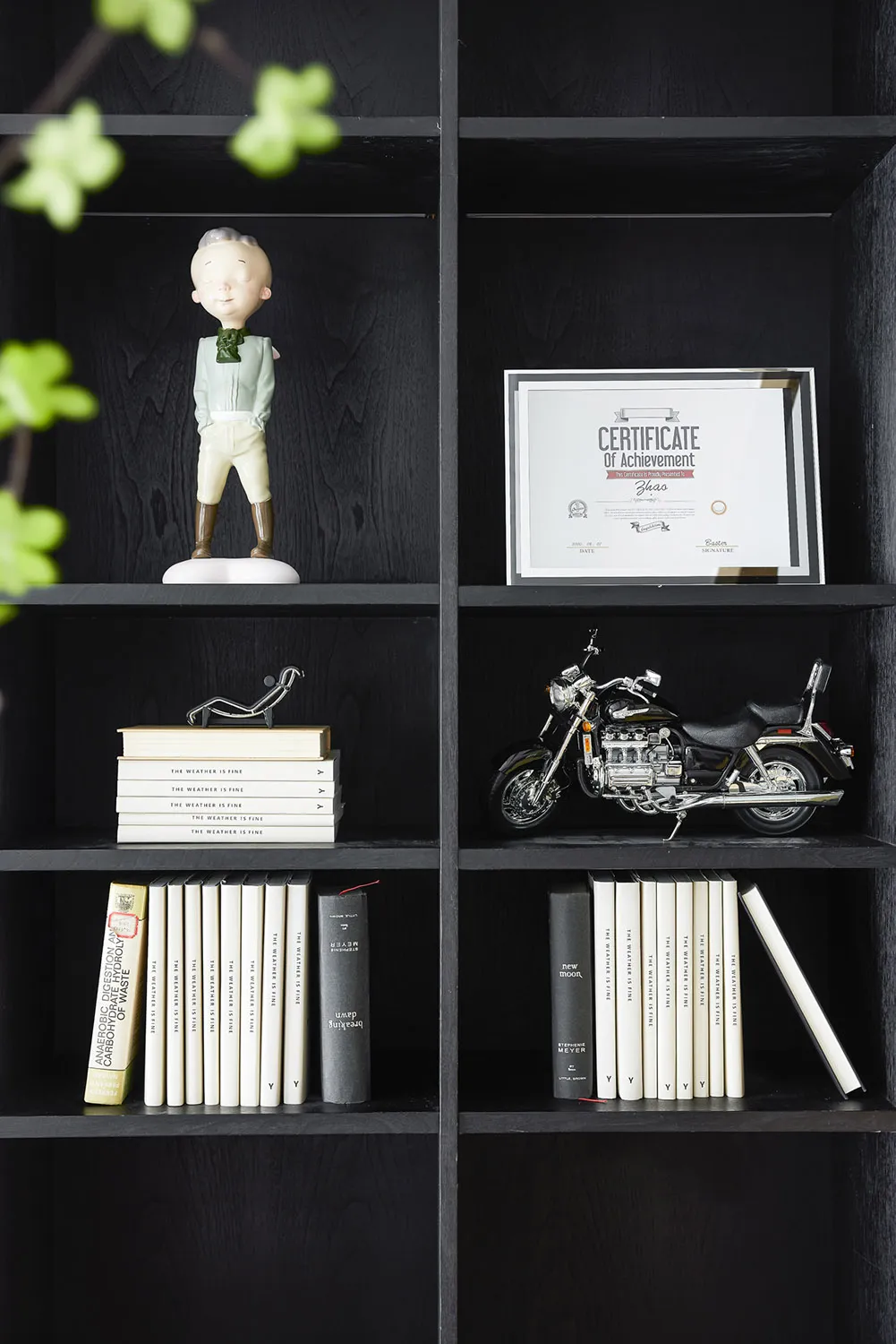 A modern black wood bookshelf featuring decorative items and books.