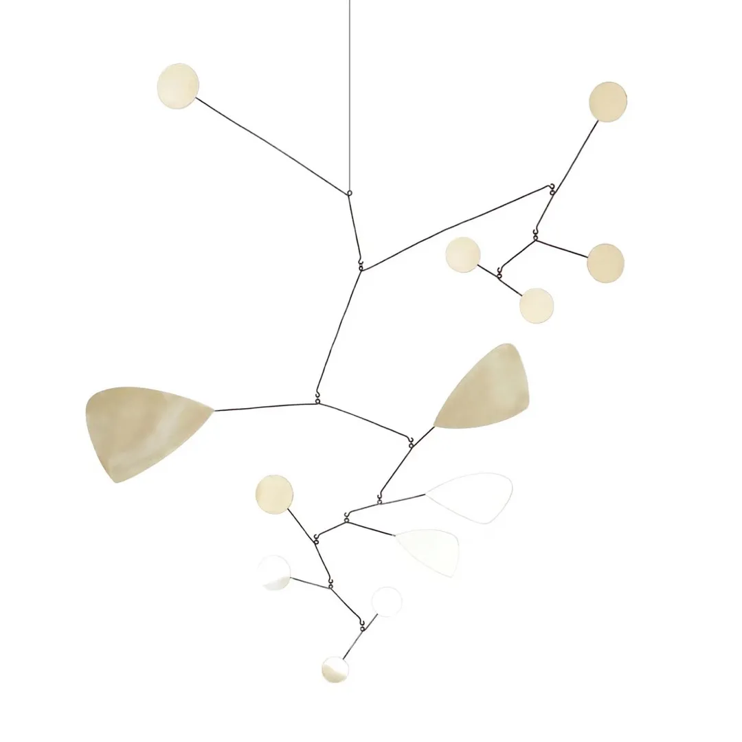 A minimalist metal mobile sculpture composed of geometric shapes hanging from a central wire structure.