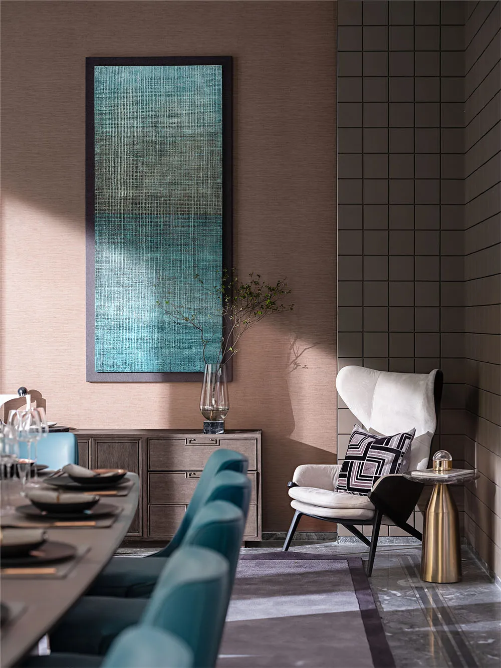 A modern dining room featuring wood, glass, and metal materials, with a table, chairs, and a side table.
