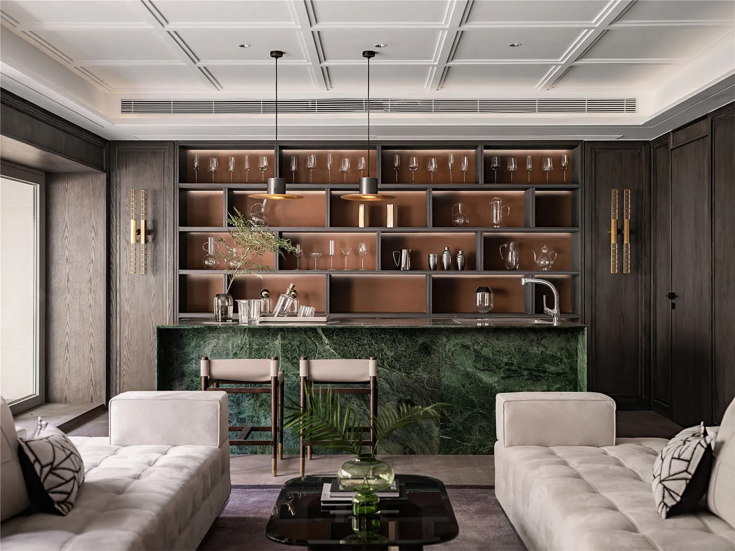 Modern living room featuring a bar with marble, wood, and glass materials.