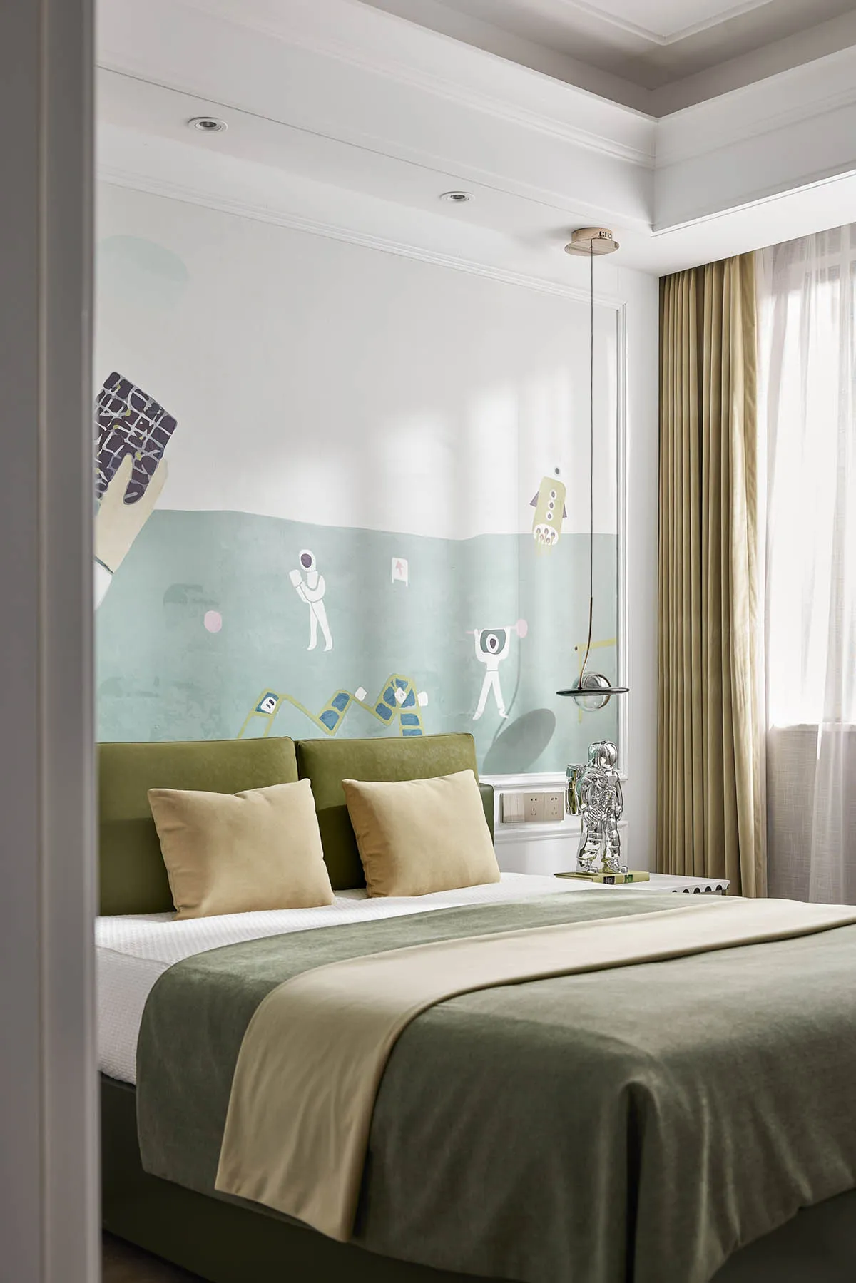 Minimalist bedroom with a green bed, white walls, and beige curtains.