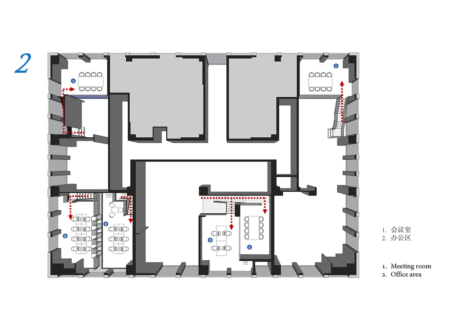A 2D architectural drawing of an office space layout, showing meeting rooms, office areas, and staircases.