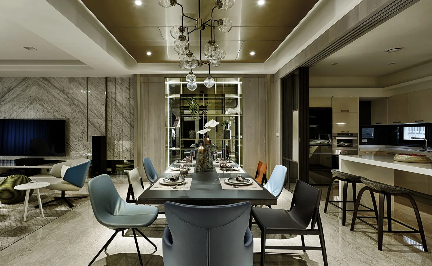 Modern dining room with marble and glass materials
