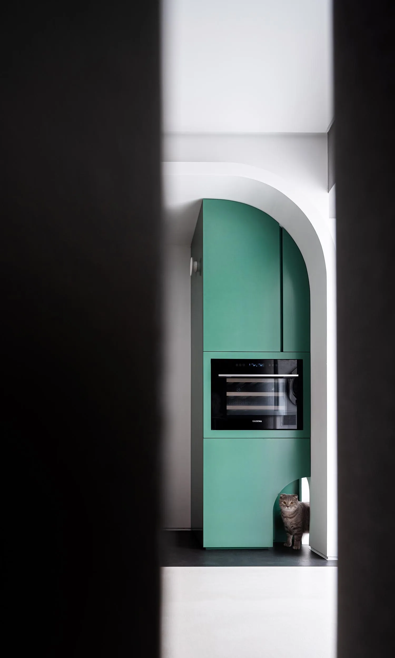 A modern kitchen with teal cabinets and an oven.