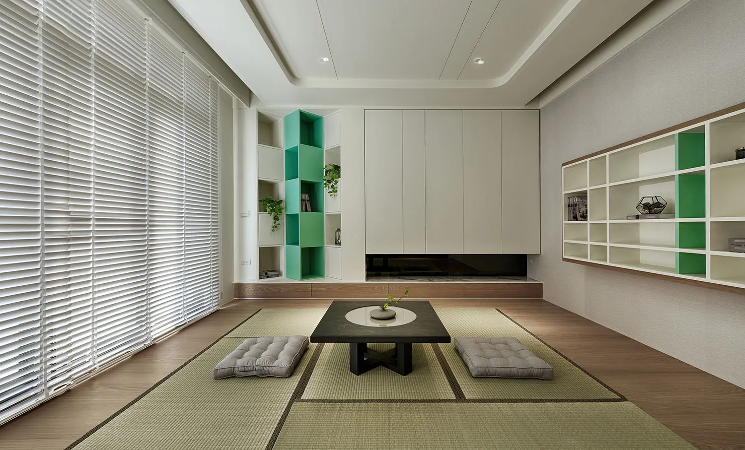 A modern minimalist living room with wooden furniture and a large window.