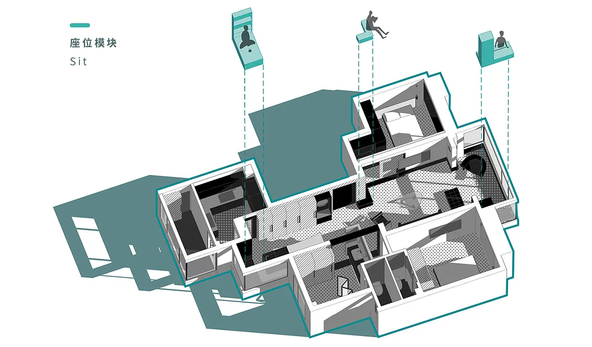 2D architectural drawing of a modern white interior design floor plan.