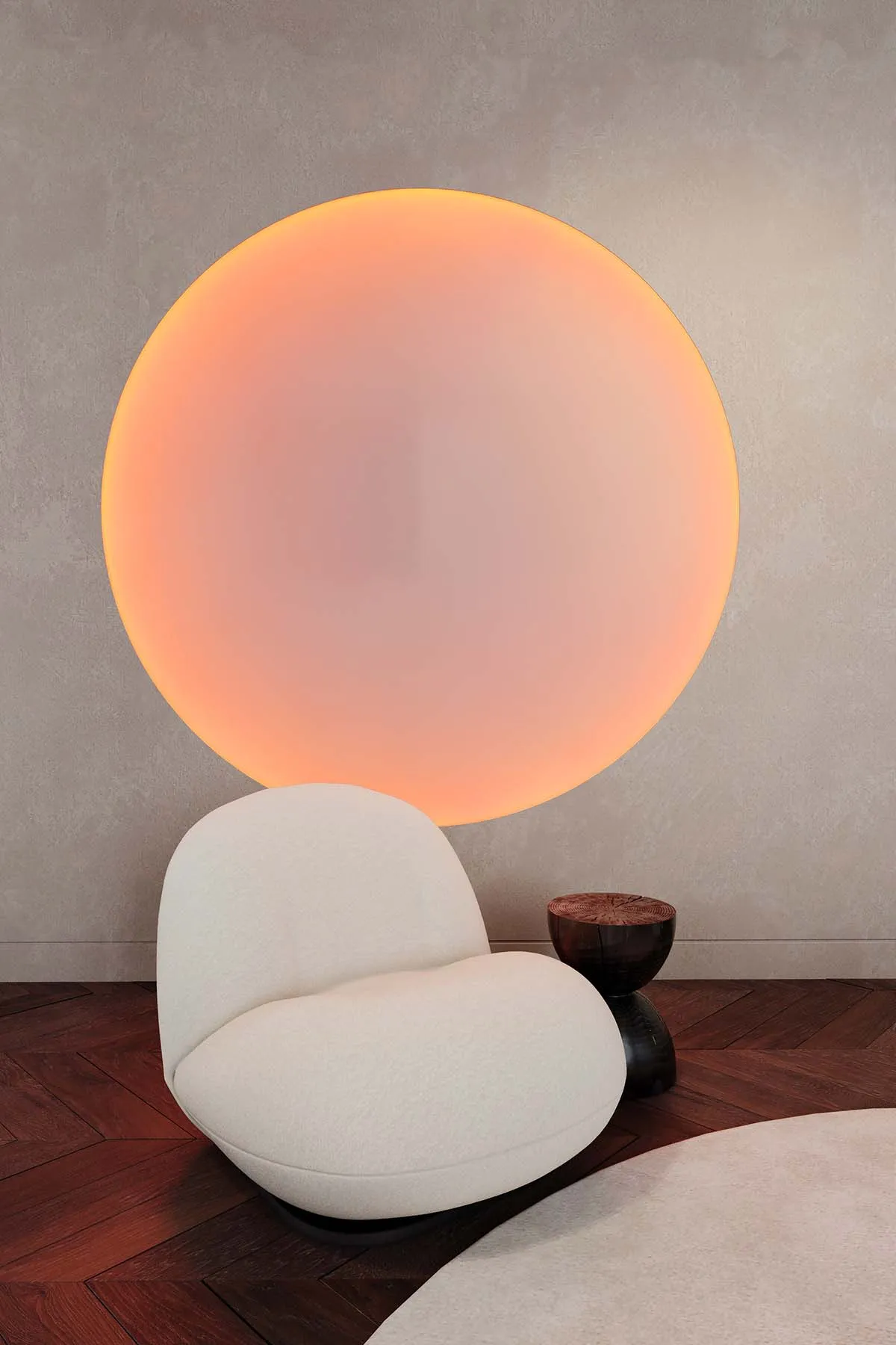 Modern living room featuring a textured fabric upholstered chair and a circular light installation.