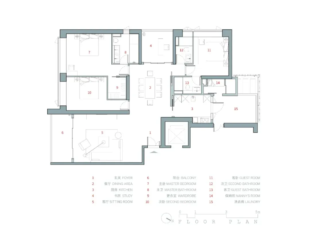 Floor plan of a home interior design with labeled rooms and dimensions.