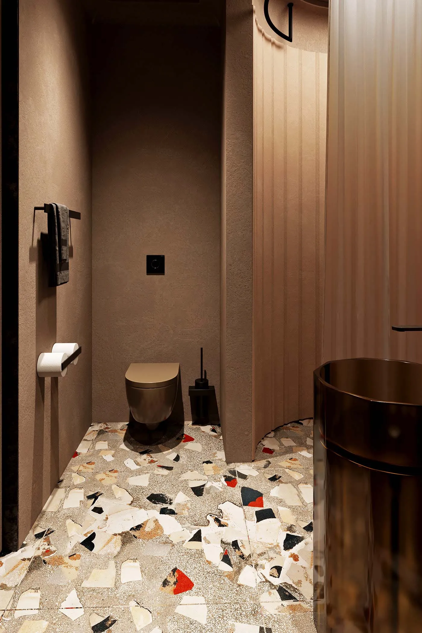 Modern bathroom with terrazzo flooring, minimalist design, and sleek, contemporary fixtures.