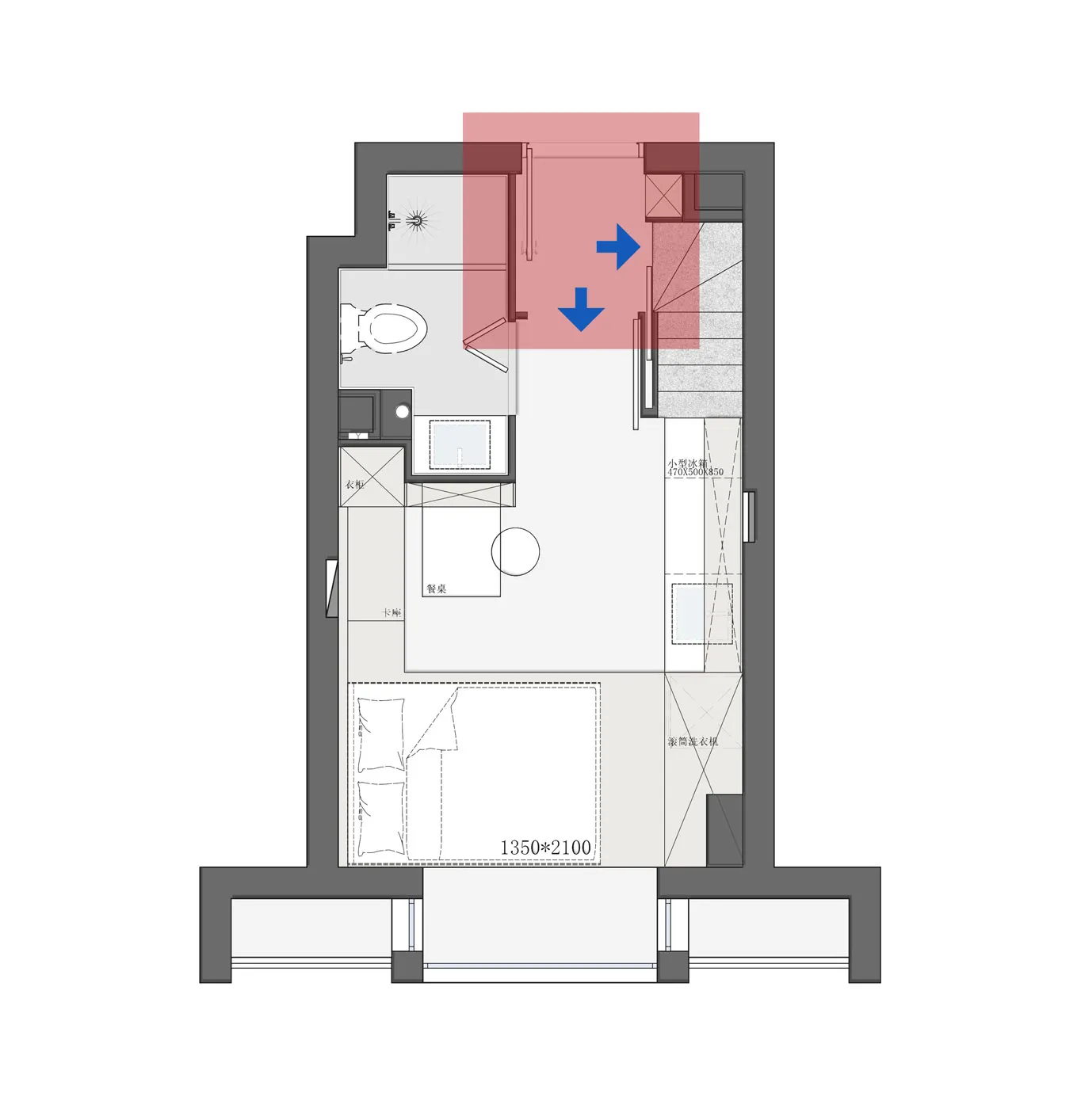 Modern floor plan of a small apartment with living room, bedroom, kitchenette, and bathroom