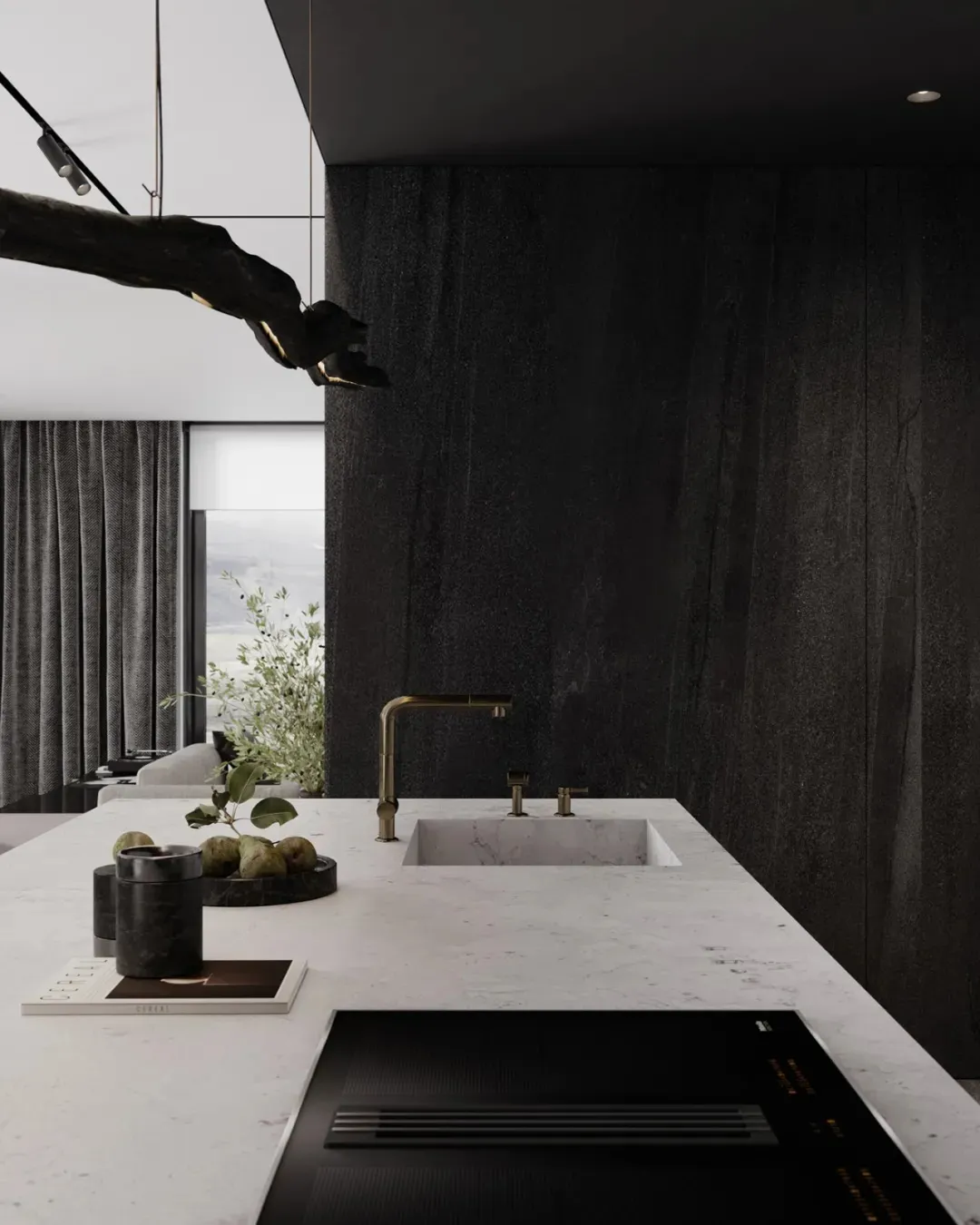 A modern kitchen featuring a white marble countertop, a black stove, and a black faucet with a gold finish.