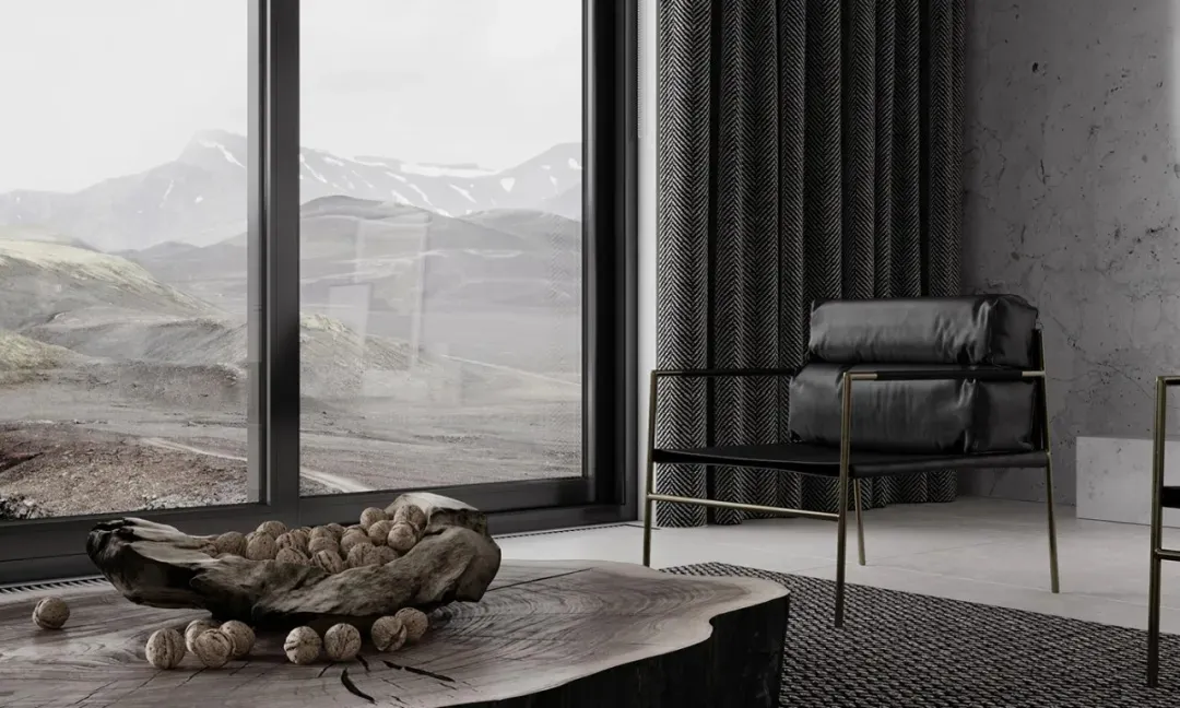 Modern minimalist bedroom featuring a wooden coffee table with spherical objects and a concrete floor.