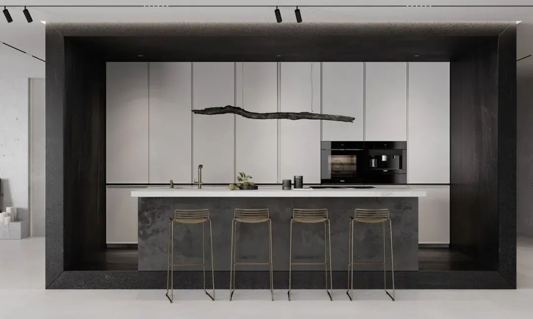 Modern minimalist kitchen with white cabinets, black marble countertop, and stone accents.