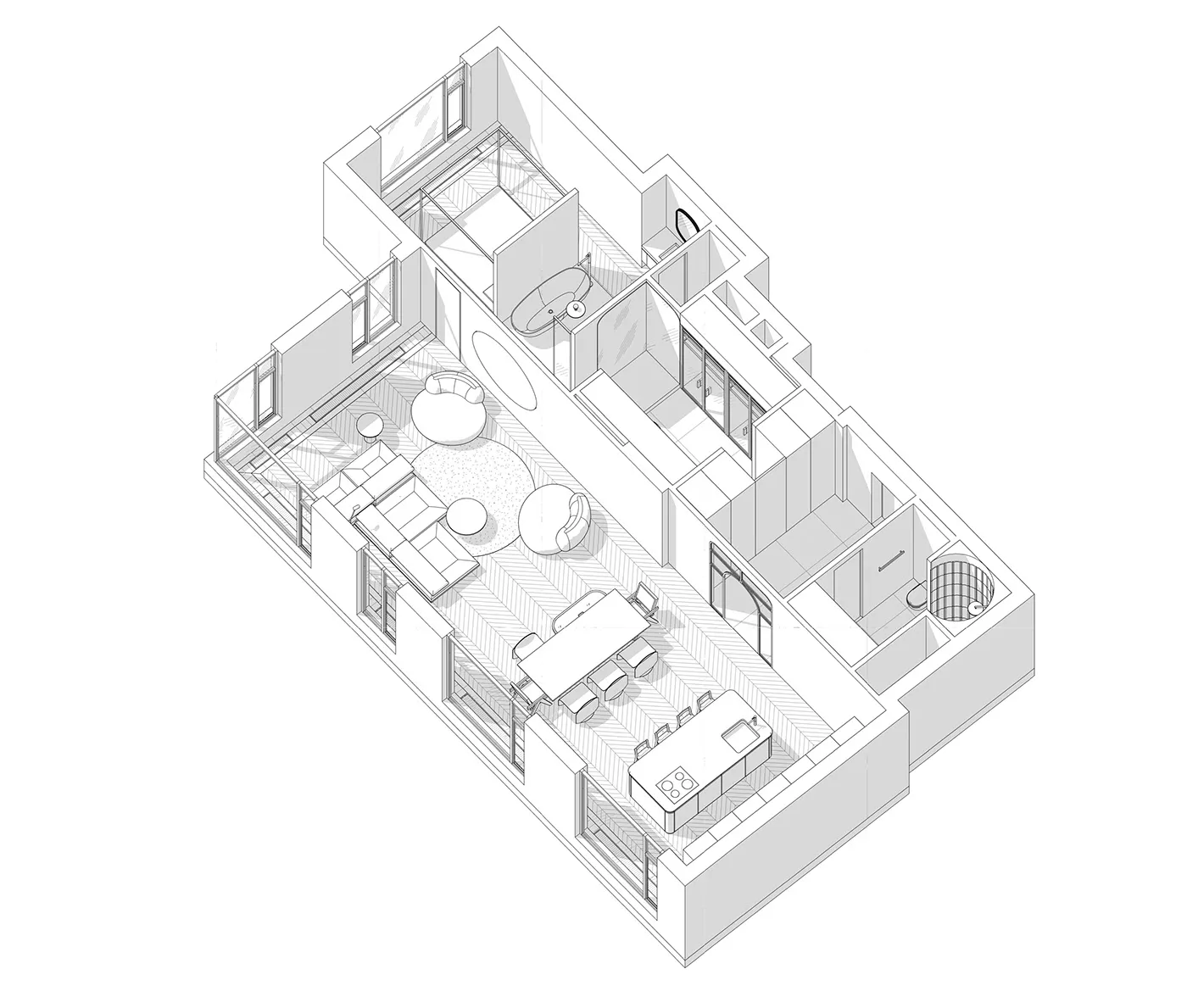 現代住宅公寓平面圖,展示客廳、餐廳、廚房、臥室及衛浴空間。