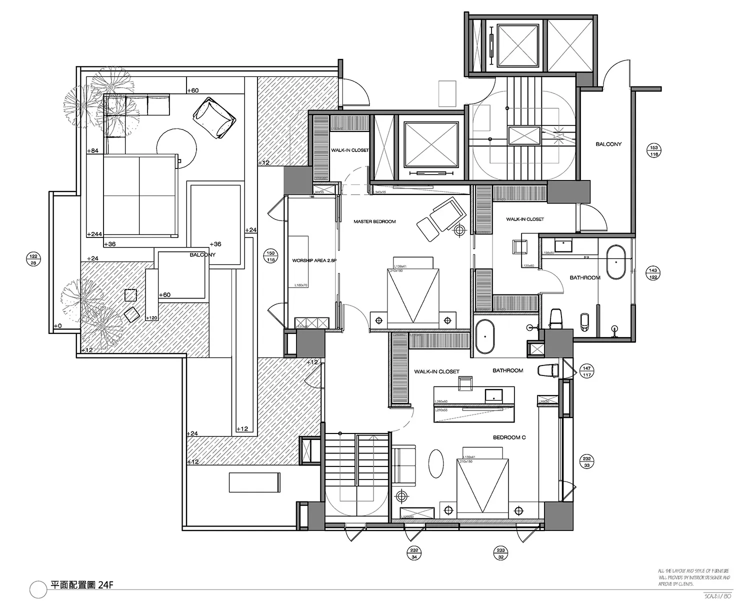 Floor plan of a modern residential apartment with multiple rooms and balcony.