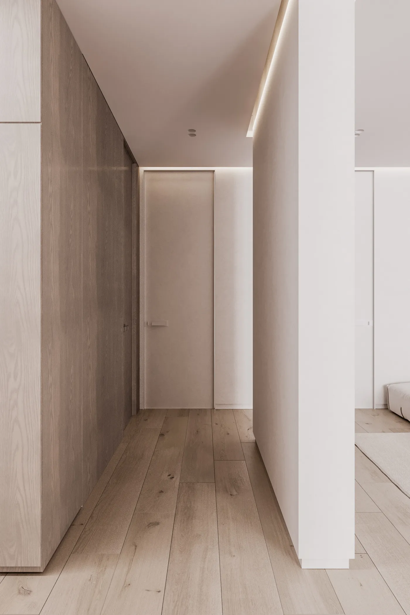 Minimalist bedroom featuring wooden floors, concrete walls, and a sleek design.