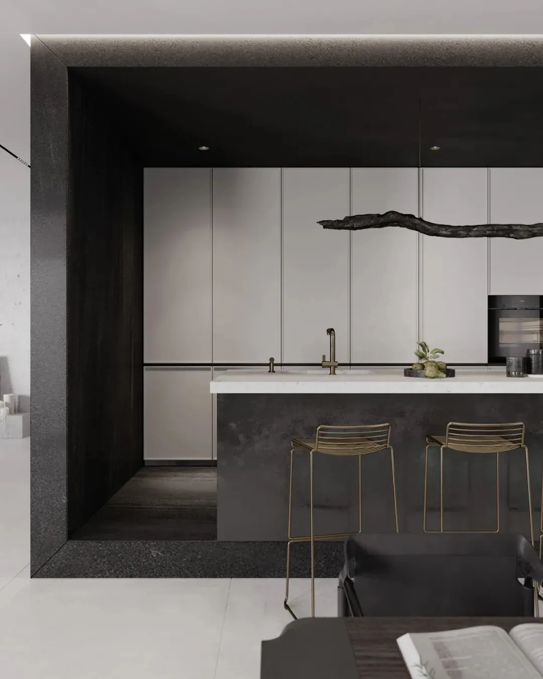 Modern industrial residential kitchen with terrazzo and marble finishes.