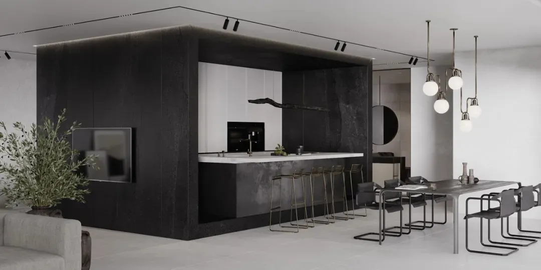 Modern minimalist interior design featuring concrete and white materials with a sleek, clean look.