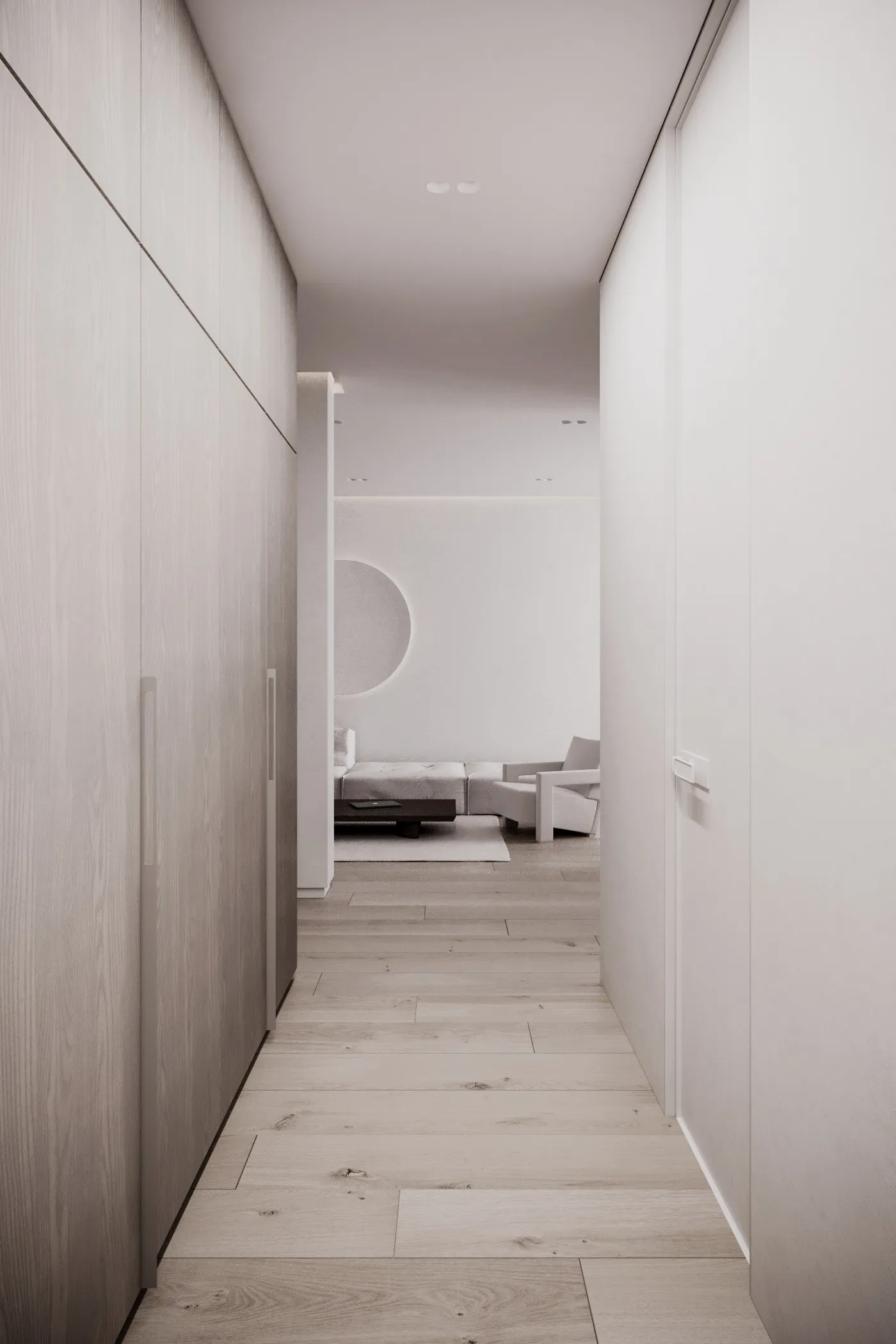 A contemporary minimalist corridor featuring wood flooring and walls.