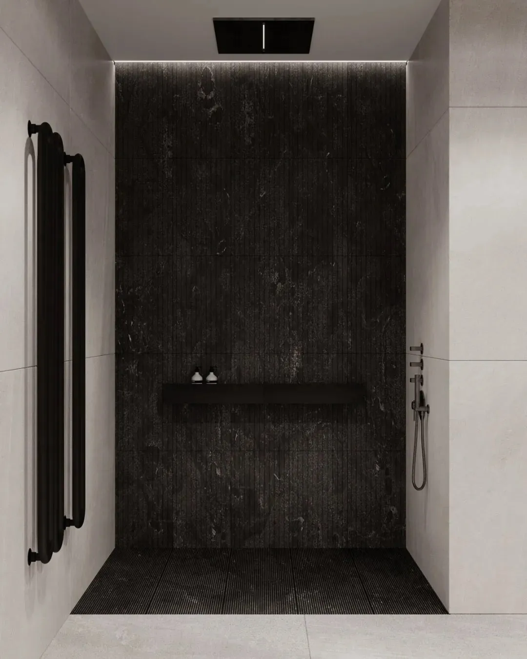 Modern bathroom with black marble walls and ceramic tiles