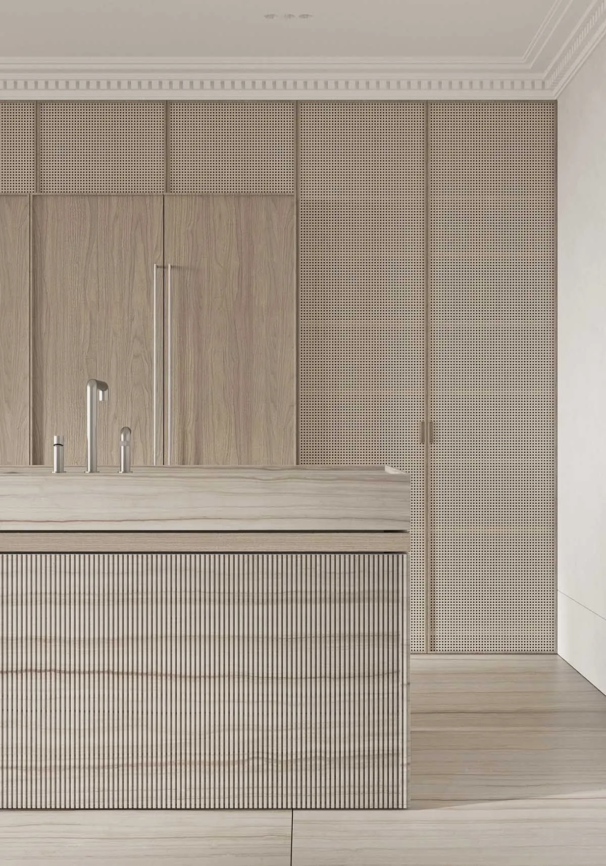 Modern minimalist bathroom with wooden cabinets and perforated panels.