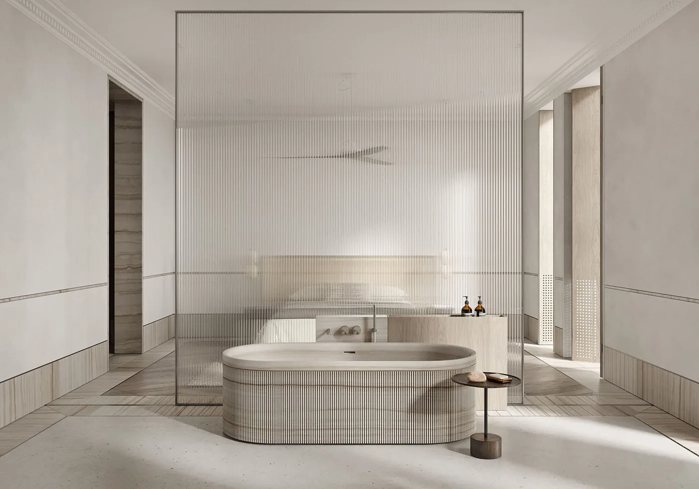 Modern bathroom with wood and glass materials and a large mirror.