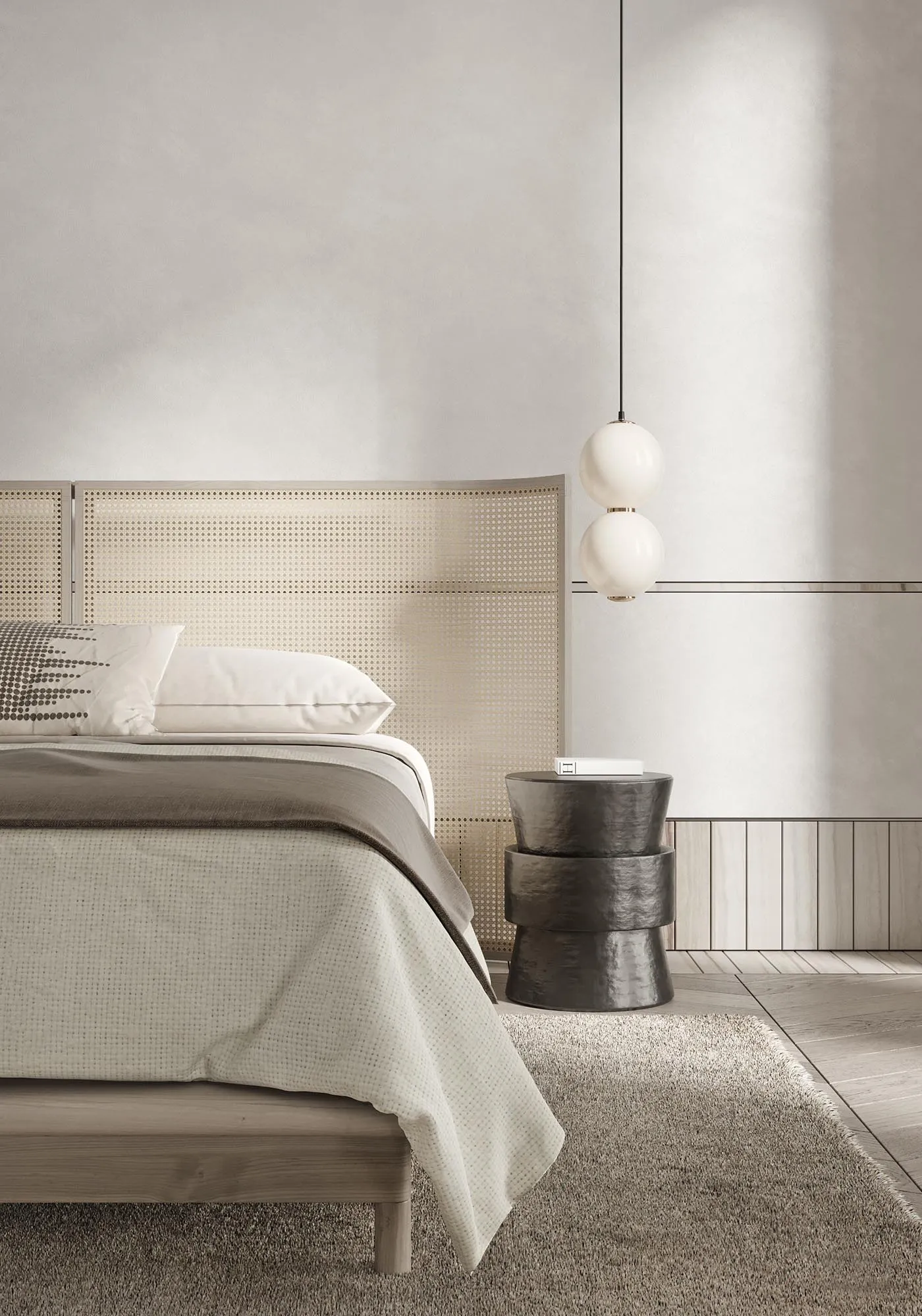Minimalist bedroom with wooden bed frame, fabric bedding, and metallic side table
