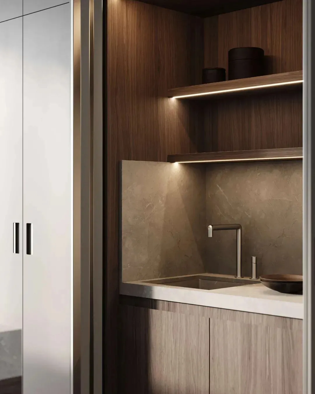 Modern minimalist kitchen with wooden cabinets, a marble backsplash, and subtle lighting.