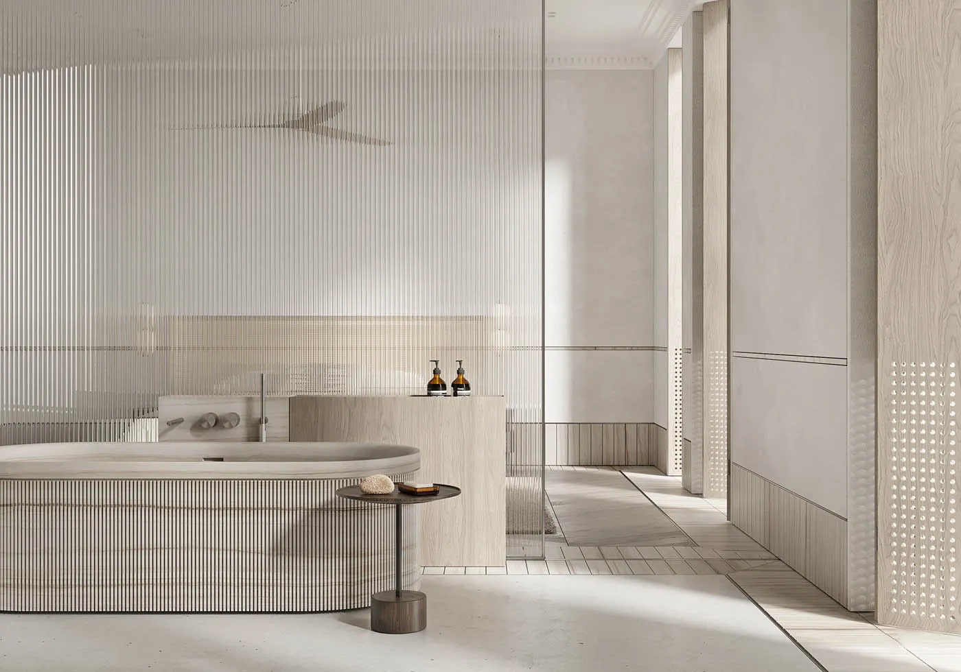 Modern bathroom interior with wood elements and minimalist design.