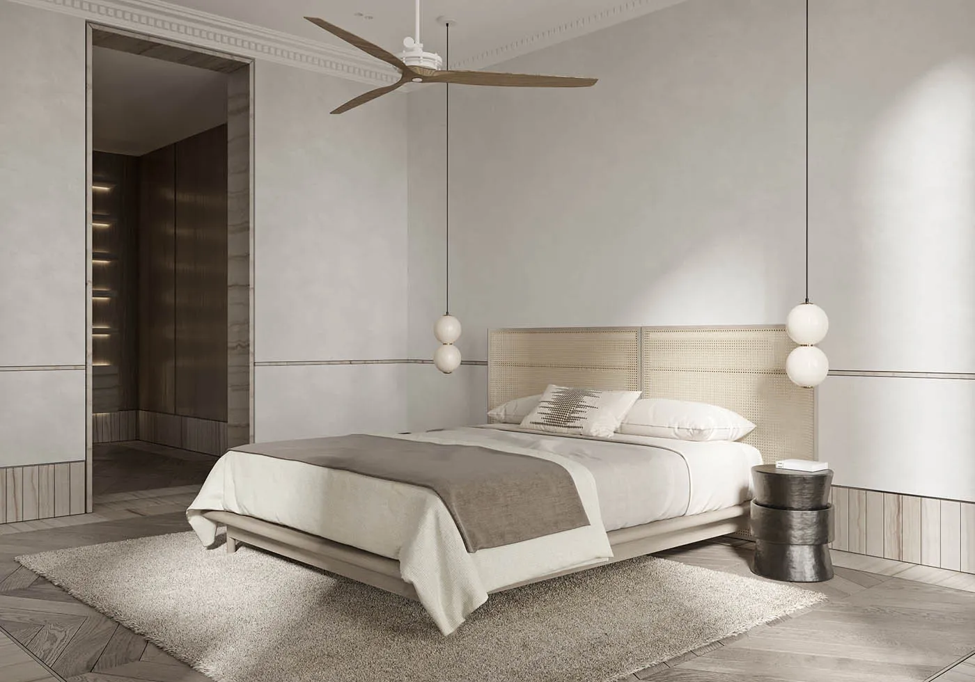 Modern bedroom with wooden furniture, white walls, and a cozy ambiance.
