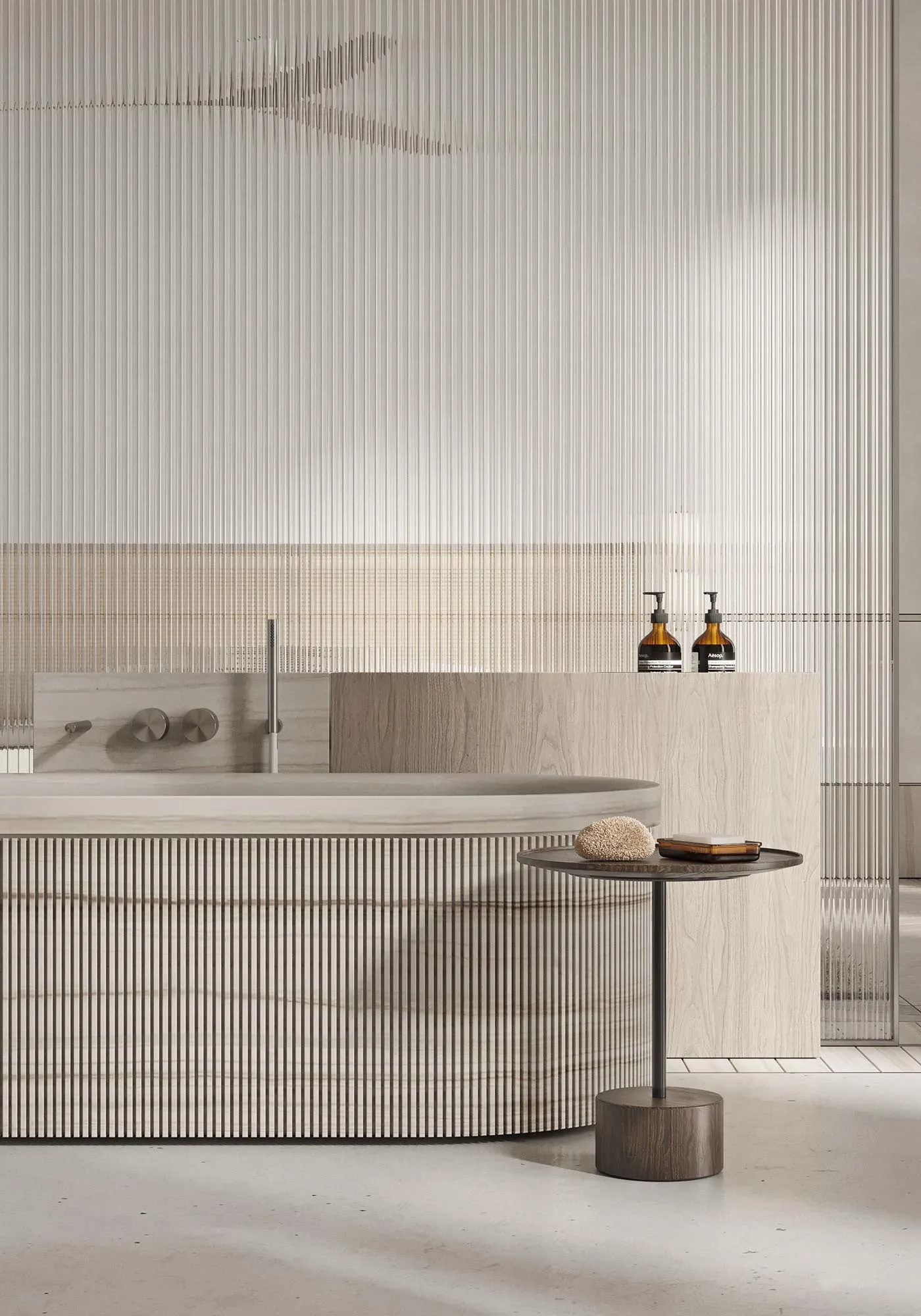 A modern, minimalist bathroom featuring a bathtub with a wood-textured exterior, a small side table with a bottle of shampoo