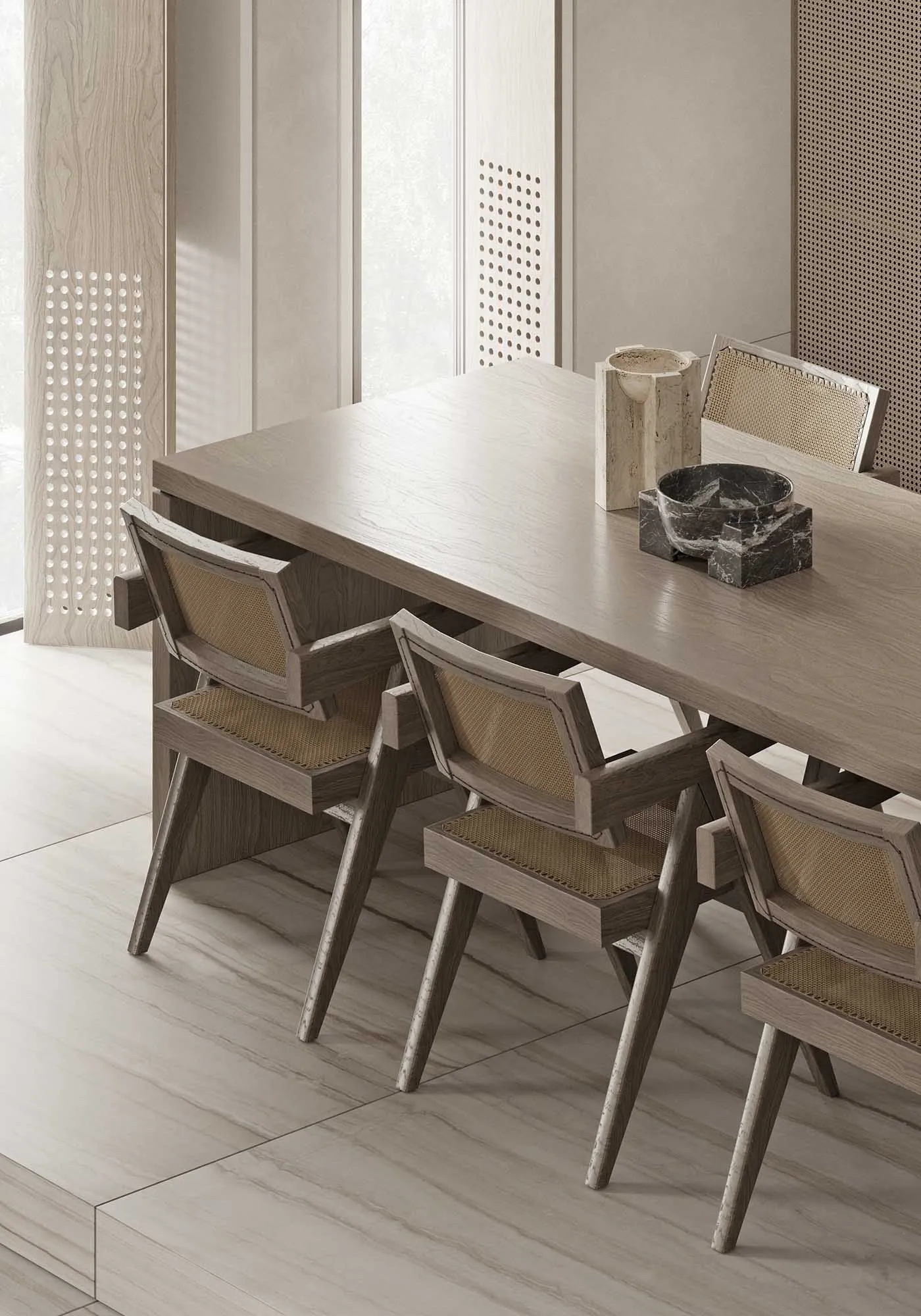 A modern minimalist dining room with a wooden table and marble floor.