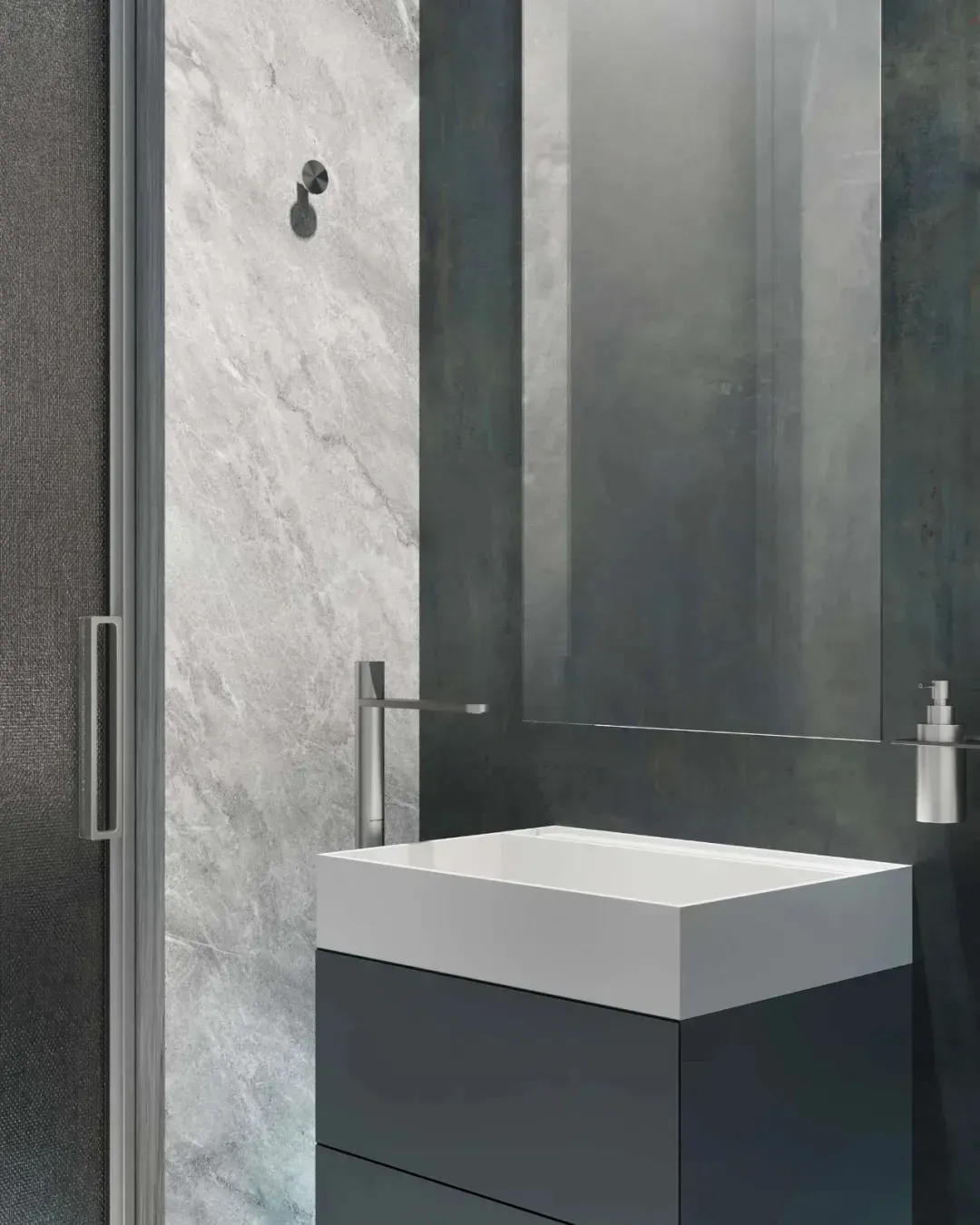 Industrial-style bathroom with metallic faucet, marble sink, and mirror.