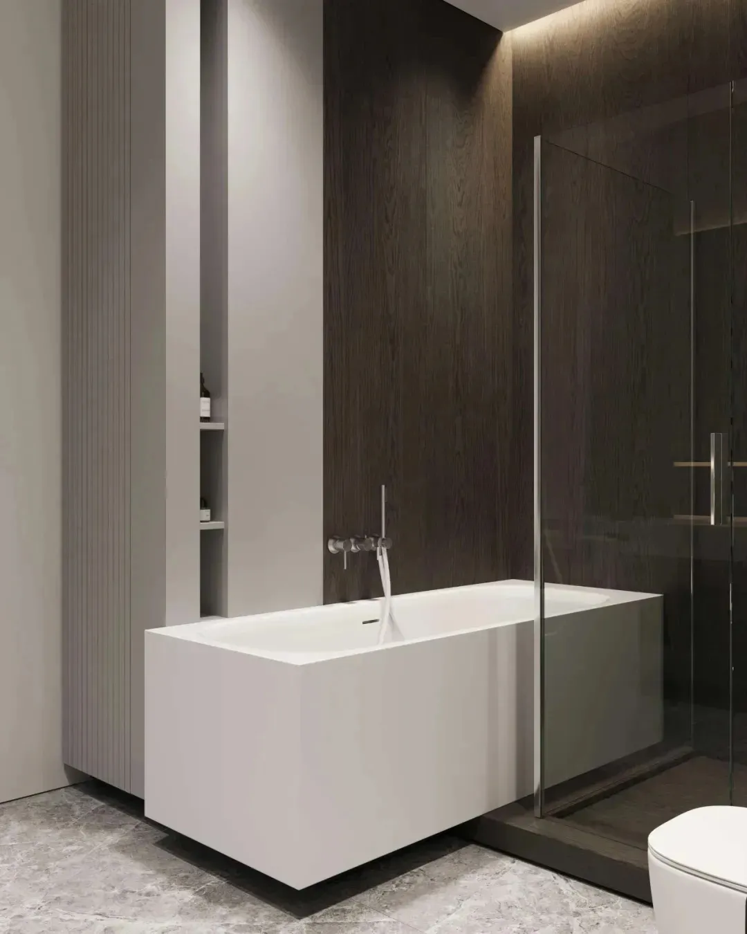 Modern bathroom featuring white concrete bathtub, glass shower enclosure, and wooden elements