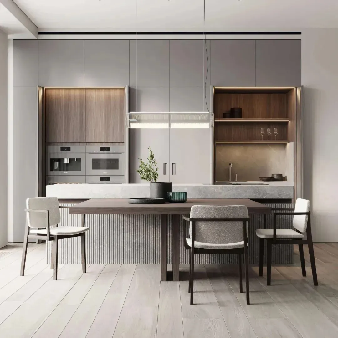 Modern kitchen interior featuring concrete, steel, and wood materials.