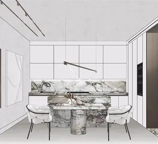 Modern kitchen with marble countertops and cabinets.
